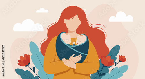  Mother Holding Twins in a Baby Sling Illustration