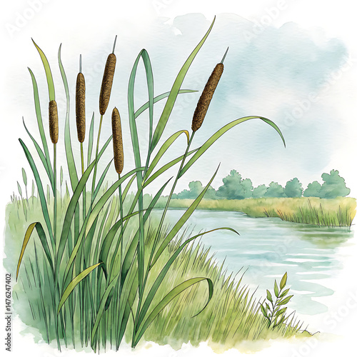 Watercolor Clipart Tall Reeds and Cattails Growing in Marshy Grass