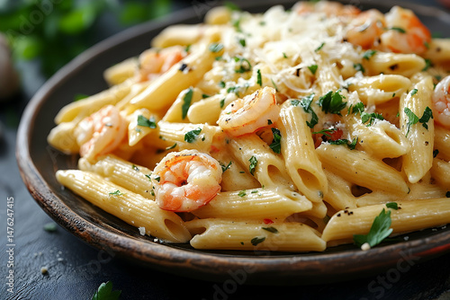 Creamy shrimp penne pasta dish food photography