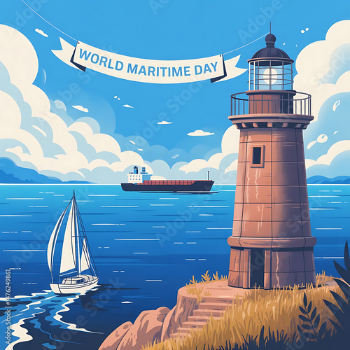 World maritime day celebratory illustration featuring lighthouse sailing boat and cargo ship in a serene coastal scene