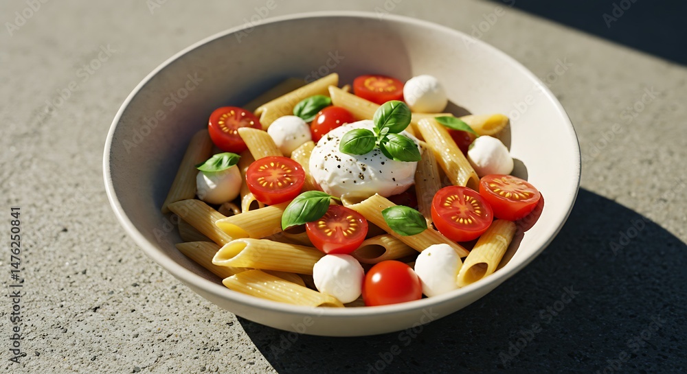 Colorful pasta salad with cherry tomatoes mozzarella basil in a white bowl Colorful pasta salad with cherry tomatoes mozzarella basil in a white bowl