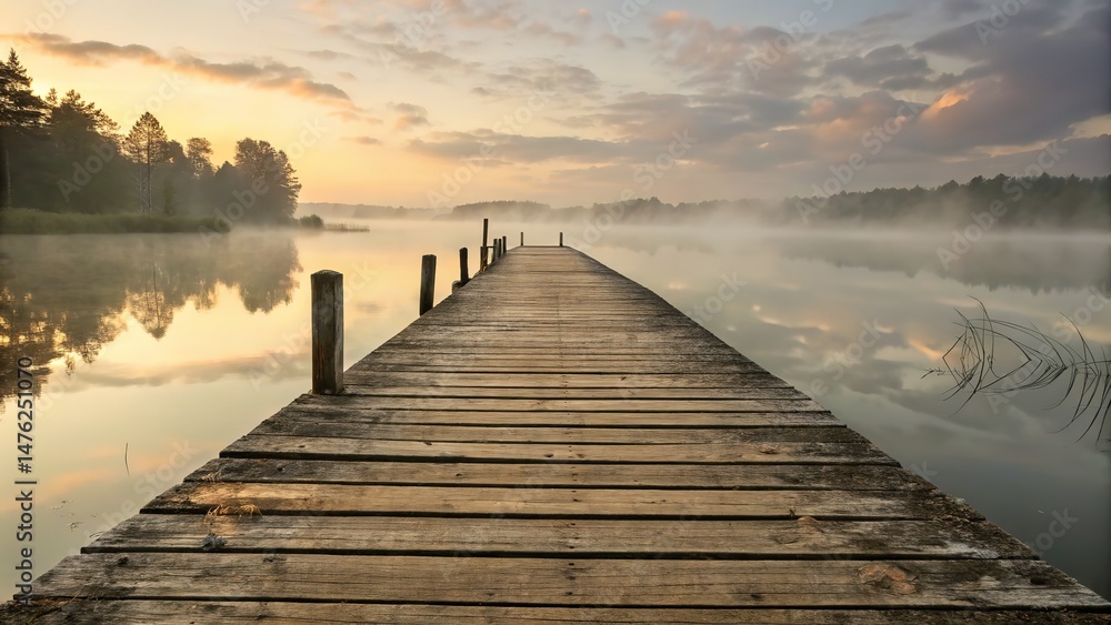 Fototapeta premium A tranquil morning scene of a wooden dock stretching across a misty lake