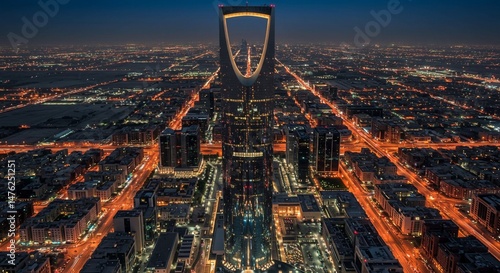 The golden glow of the towering Kingdom Centre and its unique parabolic arch contrasts beautifully with the sprawling, light-streaked urban environment at dusk