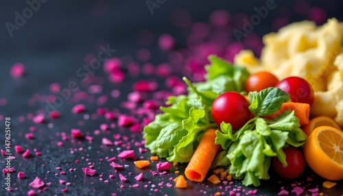 a vibrant, close up view of a salad composed of fresh ingredients such as tomatoes, carrots, lettuce