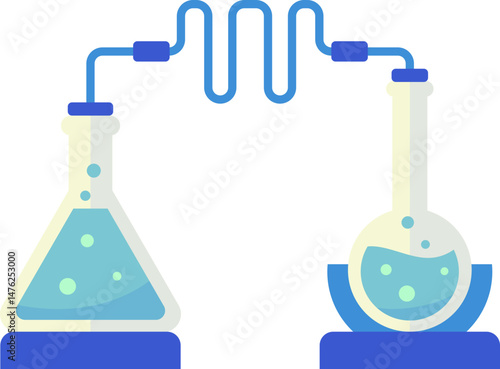 Two laboratory flasks connected by a blue tube, containing bubbling blue liquid, representing a chemical experiment or process.