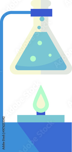 A flat design illustration of a science experiment with a conical flask containing a bubbling blue liquid heated by a burner flame on a stand.