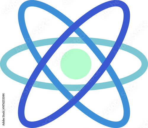 A stylized graphic representation of an atom with a light green nucleus and intersecting blue orbital paths.
