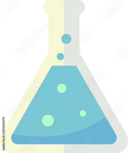 A simple, flat-design illustration of a conical flask containing a light blue liquid with several bubbles.