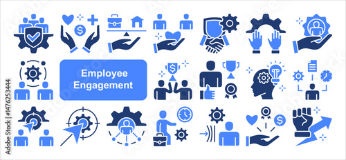 Employee engagement icon collection set. Containing workload, motivation, expectation, goal, recognition, appreciation, inclusion icon. Simple flat vector.
