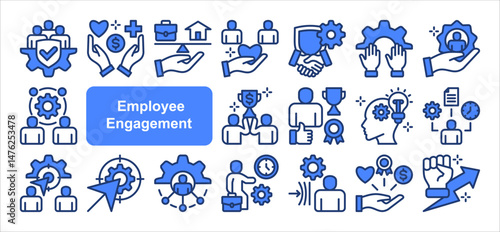 Employee engagement icon collection set. Containing workload, motivation, expectation, goal, recognition, appreciation, inclusion icon. Simple line vector.
