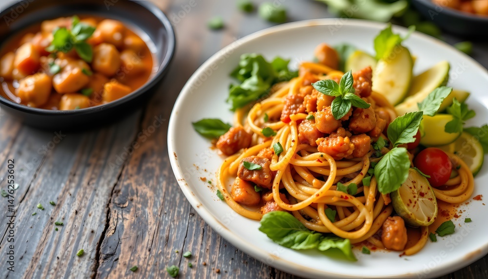 a delicious meal of spaghetti with meat sauce and garnished with herbs and a wedge of lemon a delicious meal of spaghetti with meat sauce and garnished with herbs and a wedge of lemon