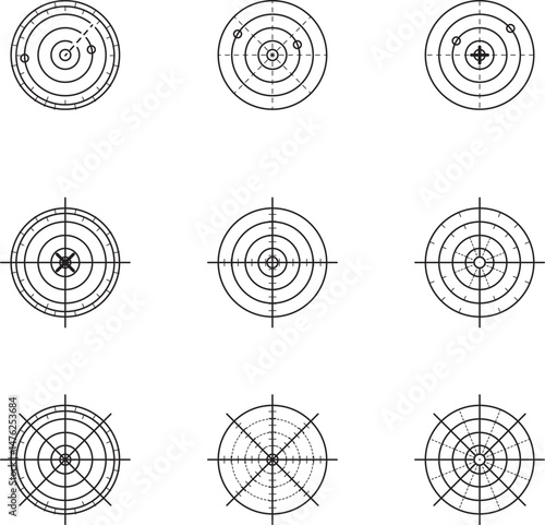 Set of radar UI icons with circular grid and target indicators. Minimal tech-style visuals ideal for military, scanning, tracking, game HUDs, or security system interfaces.