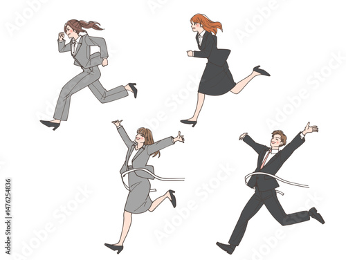 ダッシュしている女性とゴールして喜んでいる男女のビジネスマンのイラストセット競争社会