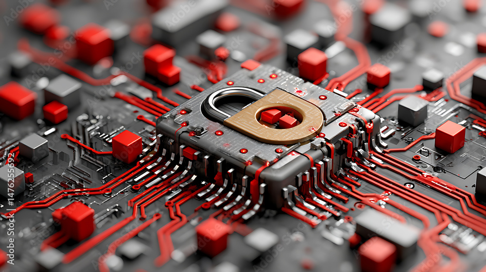 Fototapeta premium Cybersecurity action protecting digital systems with circuitry in a high-tech environment