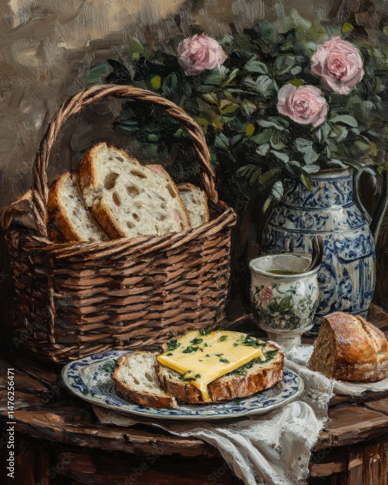 Still Life Oil Painting of Bread Basket and Cheese Sandwich with Roses and Pitcher on Wooden Table Still Life Oil Painting of Bread Basket and Cheese Sandwich with Roses and Pitcher on Wooden Table