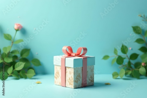 A delicately wrapped present sits amidst blossoming branches on a serene blue background