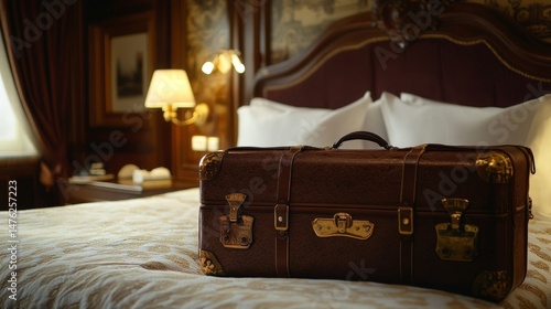 Vintage Suitcase on Luxurious Hotel Bed