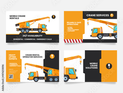 Crane service business card design showcasing mobile crane rentals and operator services in various settings
