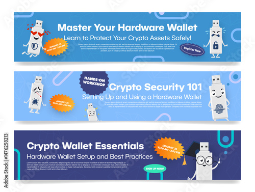 Banners inviting to a seminar where attendees will learn the basic settings of a hardware wallet to protect crypto assets