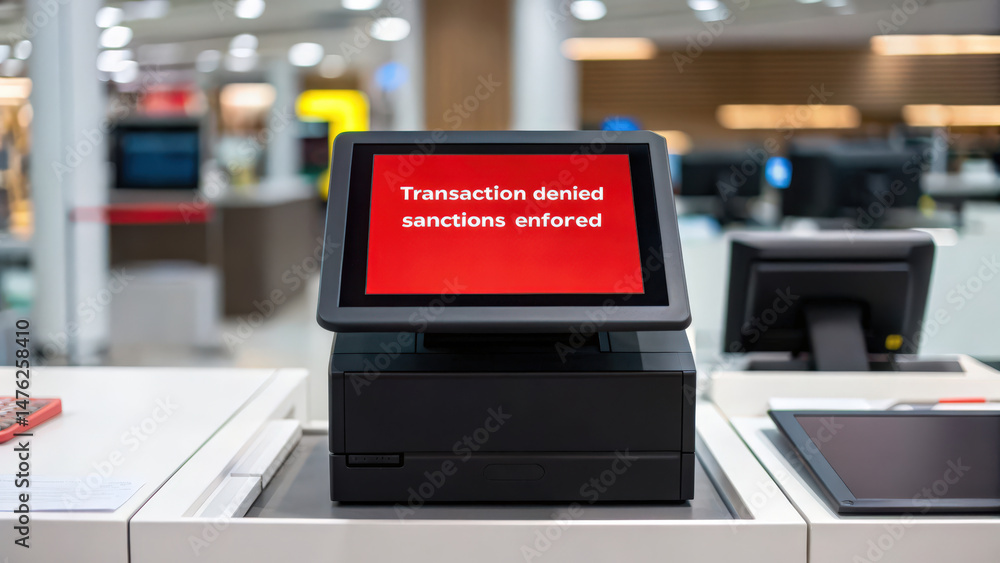 Fototapeta premium A digital payment terminal displays a red warning message indicating that a transaction has been denied due to enforced sanctions.