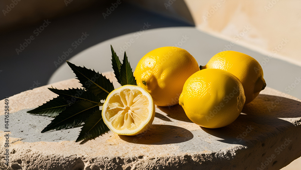 Natural light highlighting fresh lemons and a sliced lemon with leaves, beautifully displayed on a textured stone surface with rich, vibrant tones