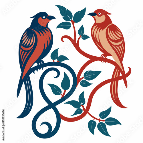 Canvas Print Vintage Line Art of Exotic Birds on Vine Branch with Botanical Details