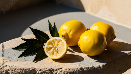 Obraz na płótnie Natural light highlighting fresh lemons and a sliced lemon with leaves, beautifully displayed on a textured stone surface with rich, vibrant tones w salonie