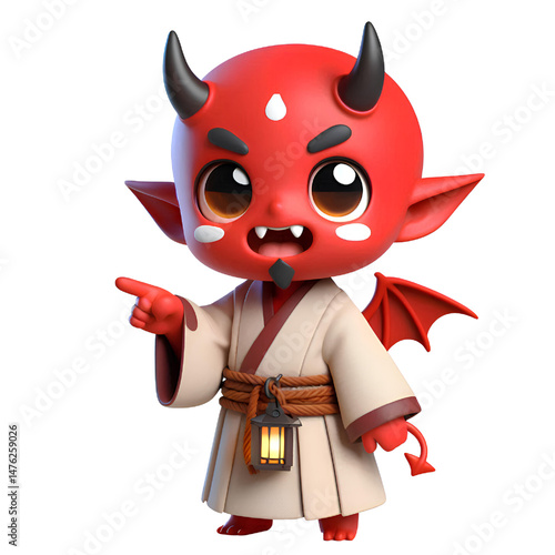 3D Cute demon pointing its finger isolated on white background