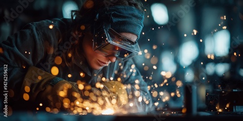 Female Welder Working with Sparks Flying