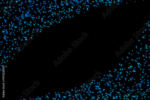 A black background with blue and green sparkling particles scattered across the top and bottom edges