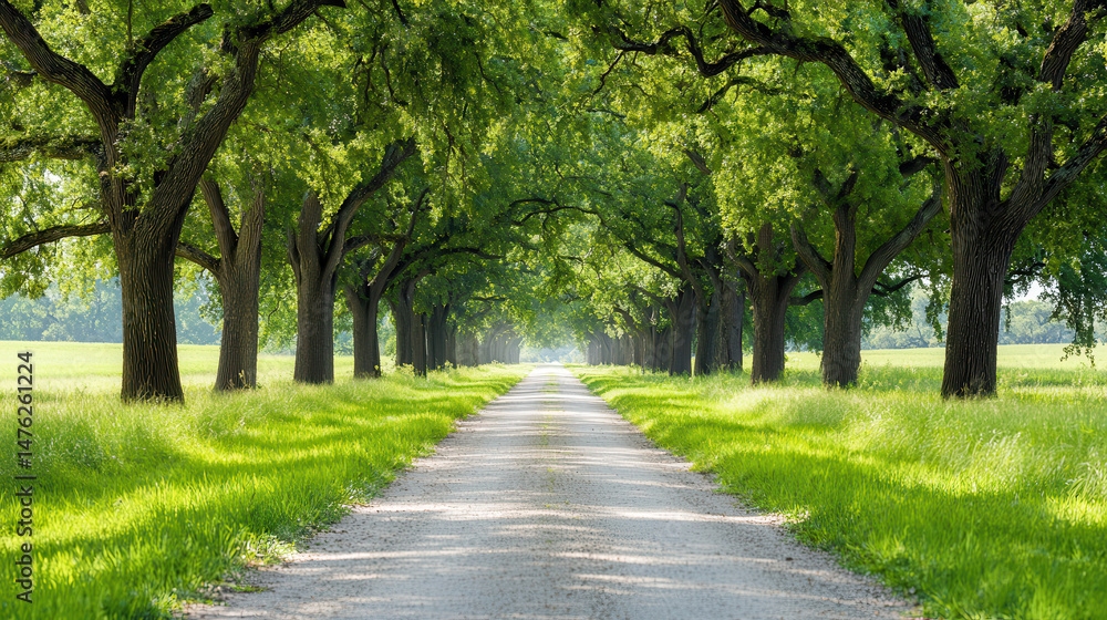 Serene landscape featuring tree lined road surrounded by lush greenery and vibrant grass, creating peaceful atmosphere Serene landscape featuring tree lined road surrounded by lush greenery and vibrant grass, creating peaceful atmosphere