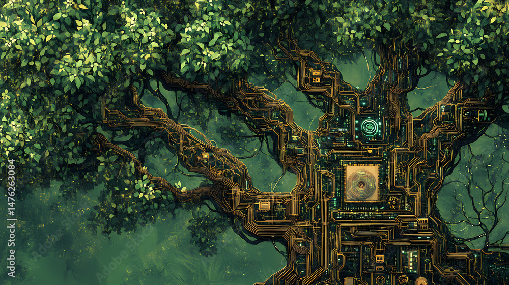 Obraz premium Nature and technology converge in a technological tree. [gilded mechanica] | verdant circuits | leafy wires. illustration. [Verdant Mechanica] | Ivyweld Spool | crawling tension. Illustration