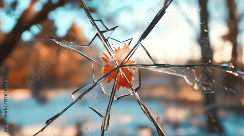 Shattered glass with a central design, revealing a blurred winter landscape through the cracks