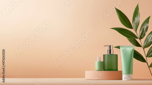 Wallpaper Mural Natural skincare products displayed on minimalistic background with green tones and plant, evoking sense of freshness and tranquility Torontodigital.ca