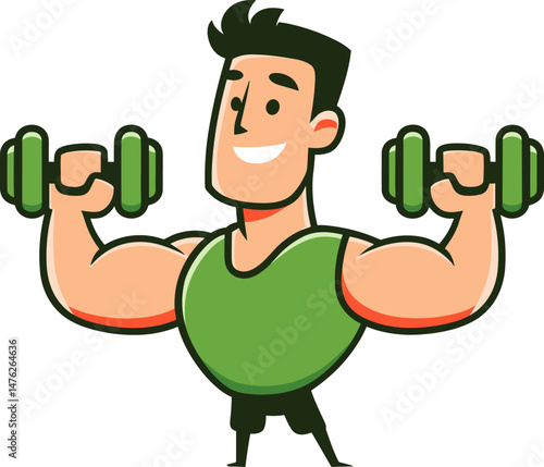 Cartoon character lifting weights in a green tank top isolated on transparent background. Vector illustration.