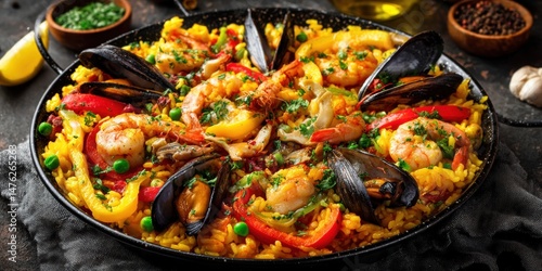 Rich Seafood Paella Dish Close-Up