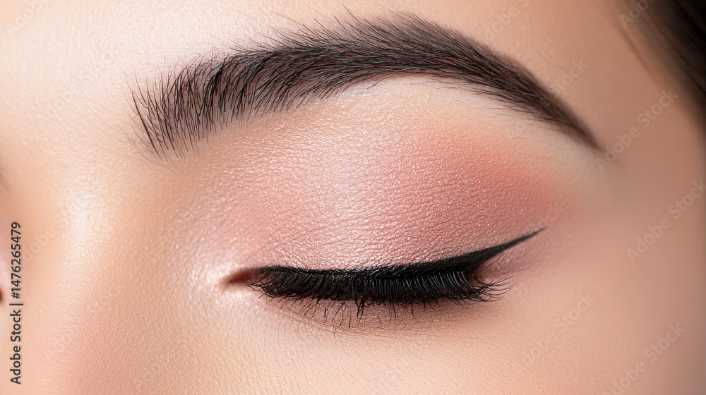 Naklejka premium Beautiful eye makeup featuring soft pink eyeshadow and bold winged eyeliner, showcasing elegance and artistry