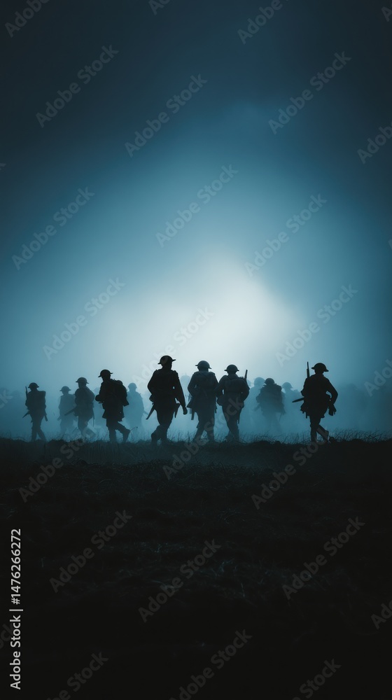 World war i soldiers marching in misty battlefield World war i soldiers marching in misty battlefield