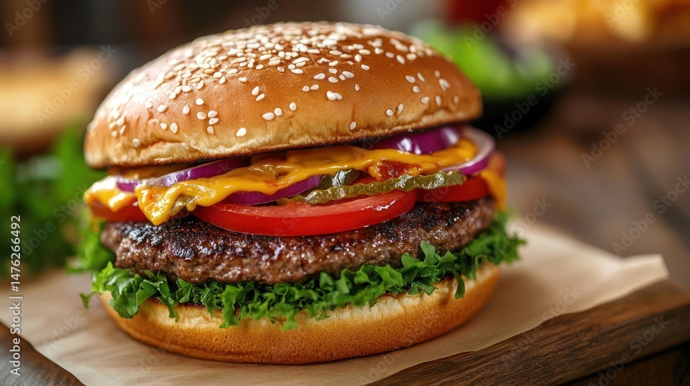 Close-up of a delicious juicy burger on a blurry background. Close-up of a delicious juicy burger on a blurry background.