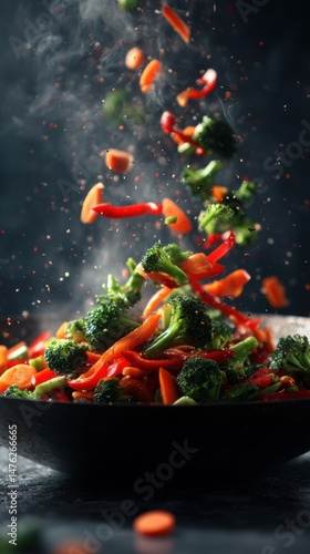 Stir Fry Vegetables Flying In Wok