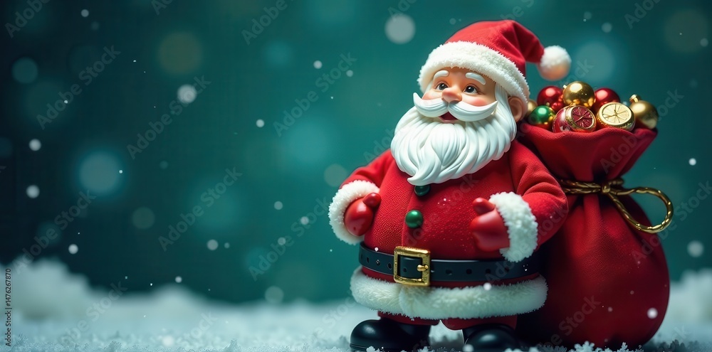 Jolly figure with overflowing gift sack, festive background, decor, advertisement Jolly figure with overflowing gift sack, festive background, decor, advertisement