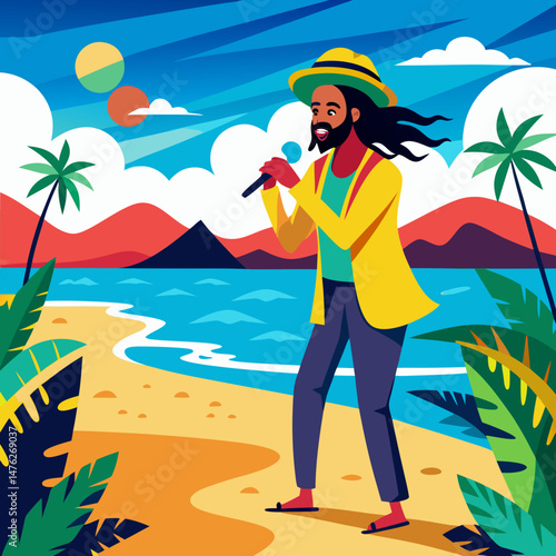 reaggae singer on a beach vector illustration 