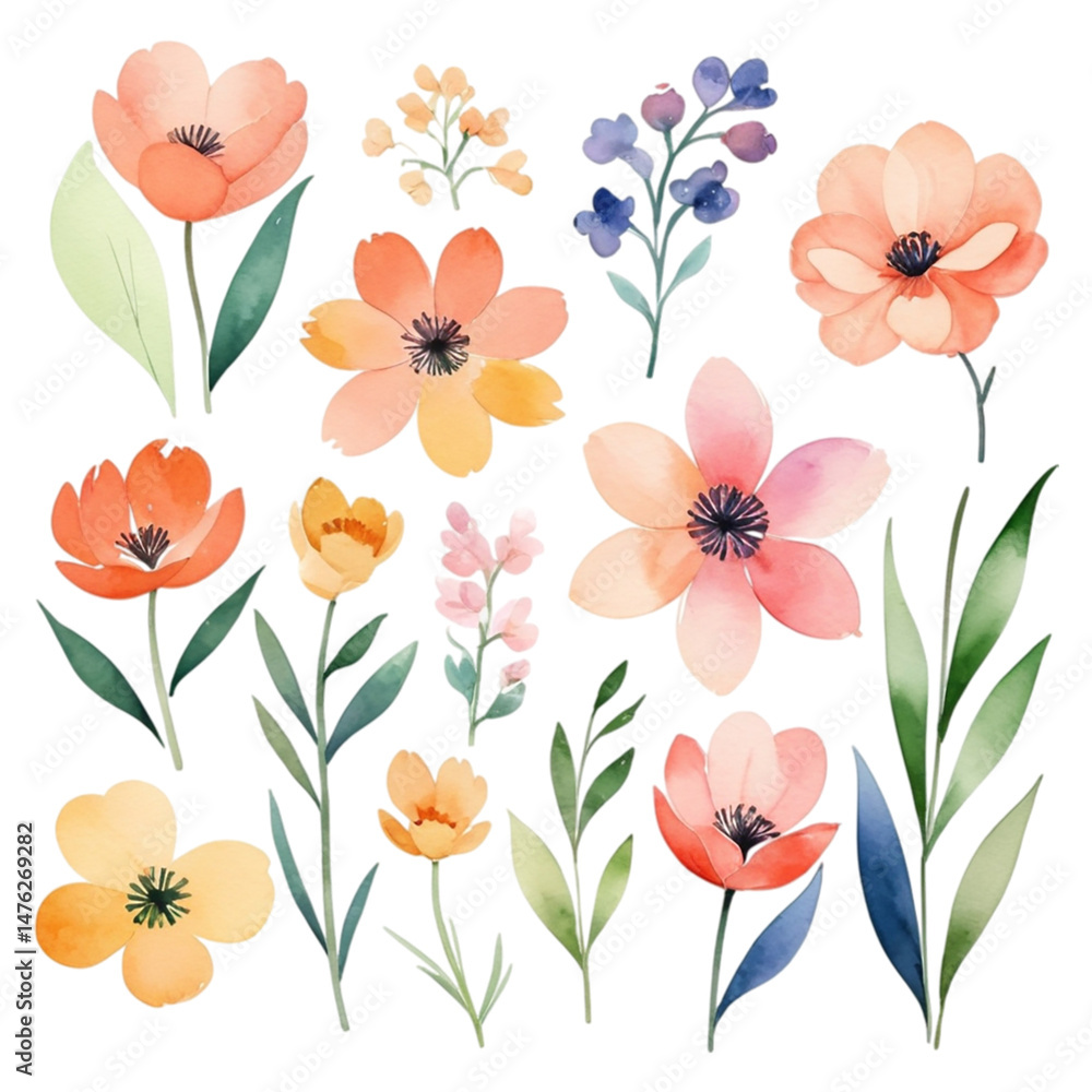Collection of watercolor spring flowers transparent background Collection of watercolor spring flowers transparent background