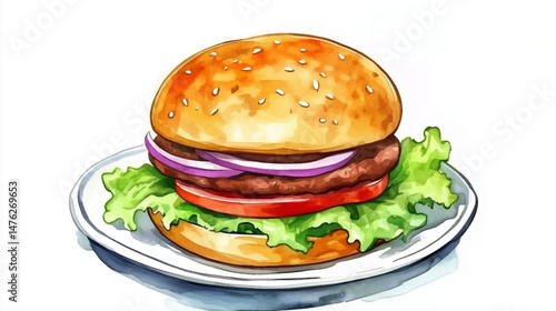Vector illustration of burger made with fresh vegetable cute watercolors illustration on white background