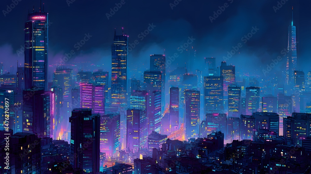 Obraz premium Futuristic Nighttime Cityscape with Illuminated Buildings and High-Tech Atmosphere