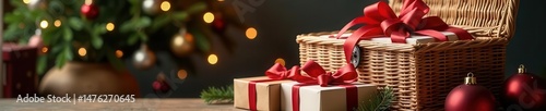 Oversized wicker hamper, lavish paper-wrapped gifts, festive food , luxury, winter, ribbon