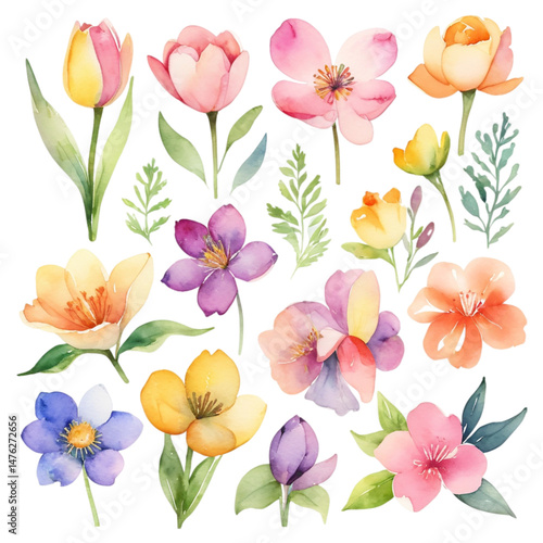 Collection of watercolor spring flowers transparent background