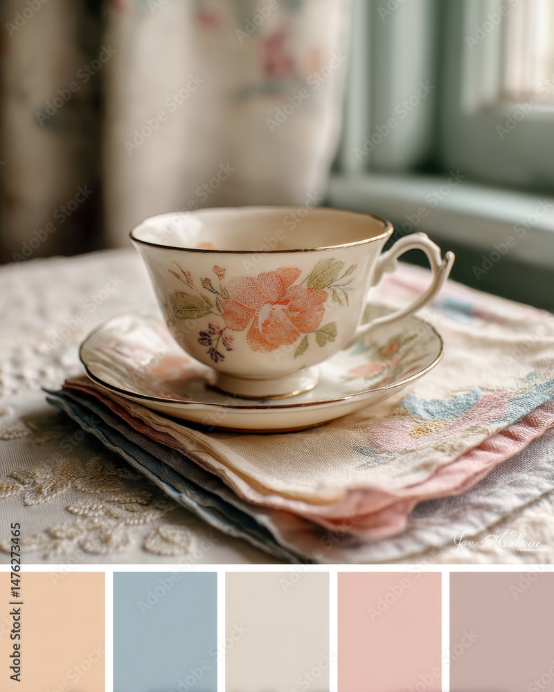 Fototapeta premium Floral teacup with embroidered napkins stacked on lace tablecloth