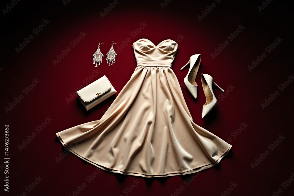 Obraz premium Elegant champagne dress ensemble on crimson backdrop