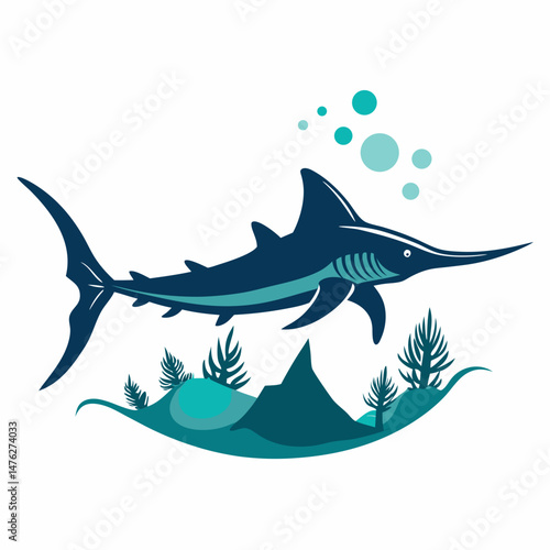Silhouette of a sawfish gliding near the seabed